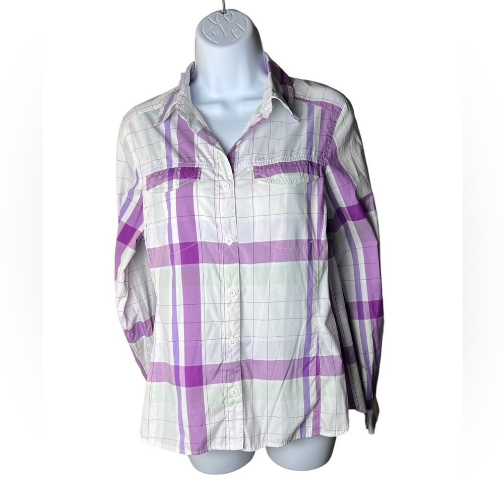 COLUMBIA womens purple plaid fishing shirt,  long-sleeved buttondown shirt